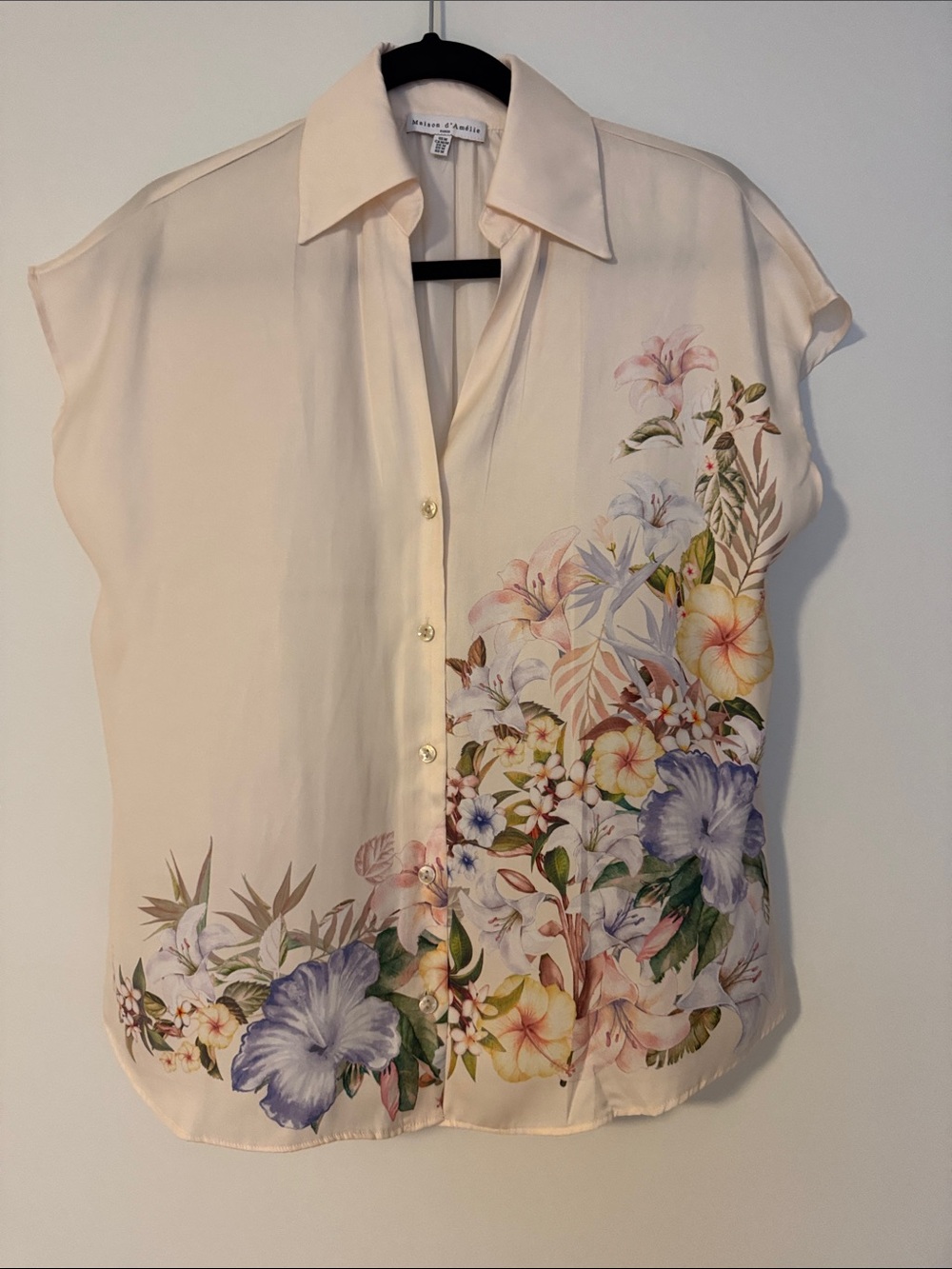 Willi Smith Cream Floral-Print Short-Sleeve Blouse